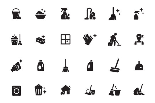 Cleaning icon set, collection of housekeeping and janitorial glyph symbols, simple black vector illustration for domestic chores and hygiene