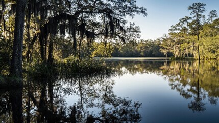 Obraz premium Sunlit Lake Reflection Featuring Lush Green Trees and Spanish Moss Creating a Tranquil Natural Landscape