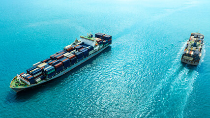 Aerial view of the freight shipping transport system cargo ship container. international...