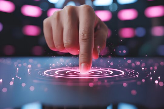 Finger touching a digital interface with glowing circles and bokeh lights