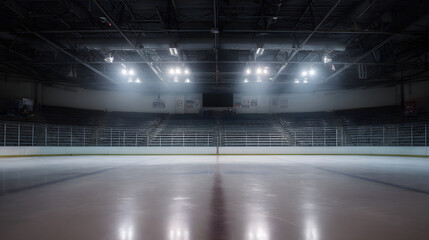 Empty ice rink under stadium lights, a quiet moment before the game begins