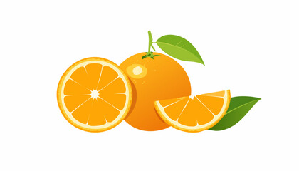 Whole and half oranges with realistic segments, attached green leaves, clean modern look with subtle shadows, bright and inviting on white.