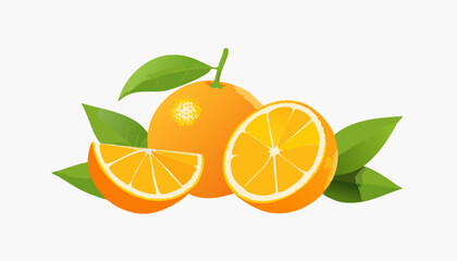 Modern citrus illustration showing whole oranges and a neat sliced half, green leaves, soft shadows, clean white background for bright fresh style.