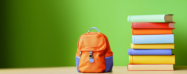 School Backpack with Books on White Table. on a green background, Back to school with books and bag background