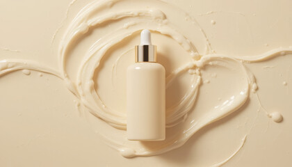 Minimalist Skincare Serum Flat Lay with Ivory Bottle and Beige Background