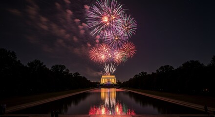 Fireworks Display over the Lincoln Memorial Reflecting Pool at Night