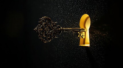 Ornate golden key in a dark, textured doorway