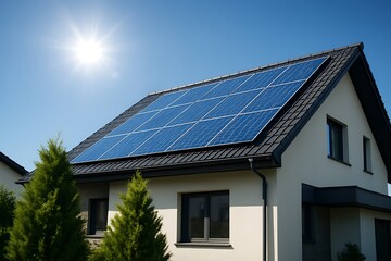 Fototapeta premium Rumah Modern , Atap panel syrya - Modern house with solar panels on the roof under a bright sunny sky