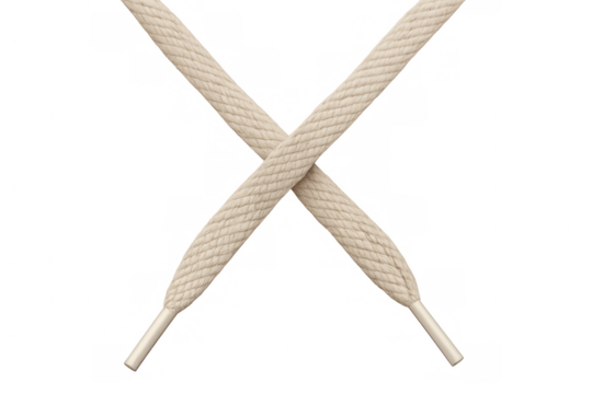 Beige shoelaces forming x-shape, crossing against white background, representing minimalist design element for fashion and footwear concepts - Powered by Adobe