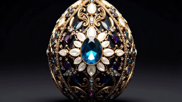 Intricate Faberg&eacute;-inspired egg with gold filigree, sapphires, pearls, and amethyst on a dark background.