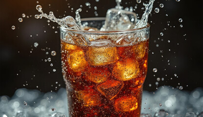Refreshing cola with ice cubes splashing in glass