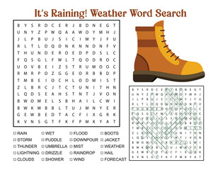 It s Raining Weather Word Search Puzzle with Boots Illustration for Kids