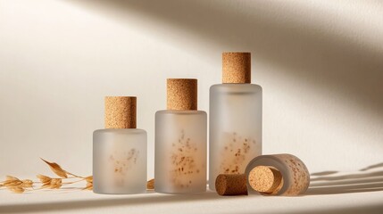 Naklejka premium Elegant Glass Bottles with Natural Cork Tops on Soft Lighting Background for Product Presentation or Interior Decoration