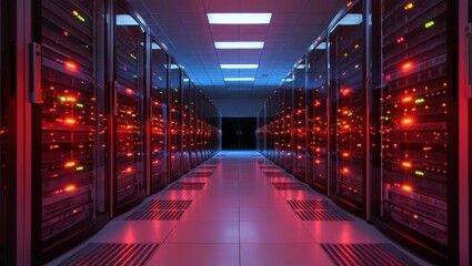 Twinkling LED lights reflect off sleek server racks creating a mesmerizing corridor in a modern data center. Technology and innovation blend seamlessly in this high-tech environment.