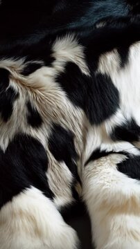 Close-up view of textured fluffy animal hide with abstract black and white pattern, perfect for fashion, design or luxury backgrounds and backdrops.
