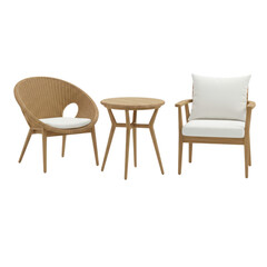 Outdoor patio furniture set with wicker chair and round table on white background