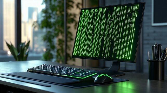 Modern Workspace with Green Binary Code on Screen and Gaming Peripheral - Powered by Adobe