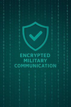 Encrypted military communication binary code with shield and check mark security concept