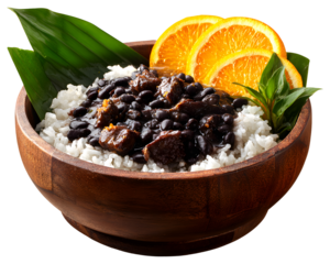 Traditional rice bowl with black beans beef stew and orange slices served in wooden bowl isolated on transparent background