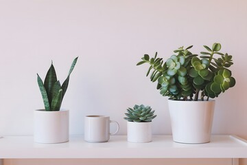 Obraz premium Minimalist Home Decor with Succulents and Snake Plant on White Shelf