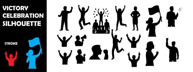 Victory Celebration Silhouette Vector Set – People Cheering, Jumping, and Celebrating Success


