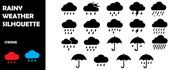Rainy Weather Silhouette Vector Set – People with Umbrellas and Rain Scenes