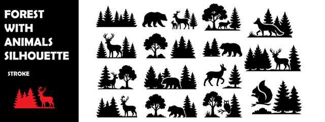Forest with Animals Silhouette Vector Set – Wildlife Living in Forest Environment