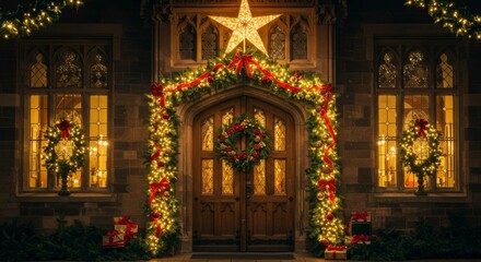 Obraz premium Festive entrance adorned with garland, wreaths, star, and gifts, illuminated at night