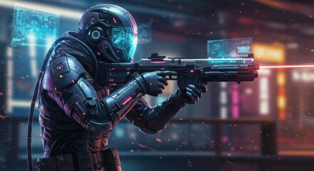 Futuristic soldier in a neon-lit city.  Cyberpunk tactical gear