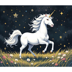 Naklejka premium A unicorn running through a field of stars and black background