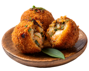 Golden crispy shrimp croquettes with herbs on wooden plate isolated on transparent background