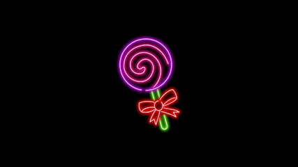 A vibrant neon lollipop with a red bow glows against a stark black background, creating a playful and sweet visual.
