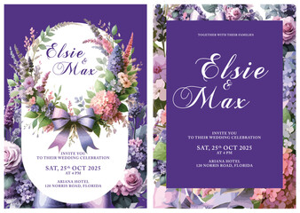 Two charming purple-themed floral wedding invitations. One features an oval frame adorned with various flowers and a ribbon. The other displays a rectangular frame with a denser background of purple 