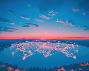 Global network map over tranquil lake at sunrise