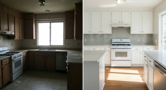 Kitchen renovation before & after; outdated cabinets, flooring, and appliances updated to bright, modern style with new countertops and backsplash