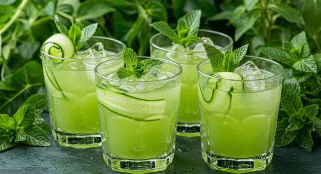 Refreshing cucumber and mint drinks in glasses with ice, garnished with cucumber ribbons and mint sprigs