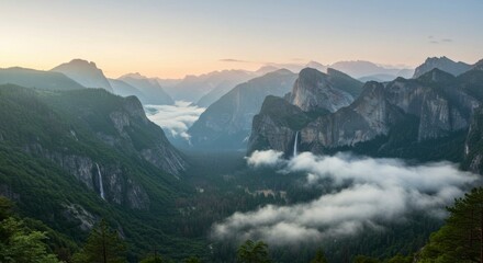 Fototapeta premium Misty mountain valley vista at dawn