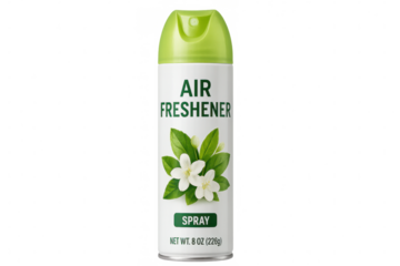 Photorealistic air freshener spray can mockup with white flowers and green leaves, isolated on transparent background