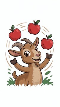 Cartoon goat juggling red apples with a cheerful expression, playful scene on a white background.