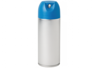 Studio shot of a silver aerosol can with a blue cap, isolated on a transparent background, ready for product placement
