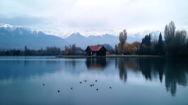Picturesque lakeside house with snowy mountains in the background - Powered by Adobe