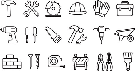 Obraz premium Construction tools icon set black and white line art silhouette vector illustration