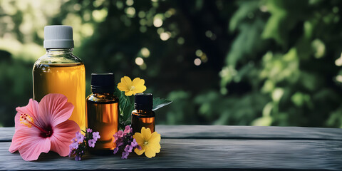 3 small glass bottles essential oils,  Natural oils, bottles of essential oil with  flowers on wooden surface