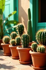 Diverse cacti in terracotta pots, sun-drenched setting, terracotta, saguaro