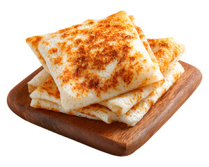 Stack of folded crispy crepes on wooden board isolated on transparent background