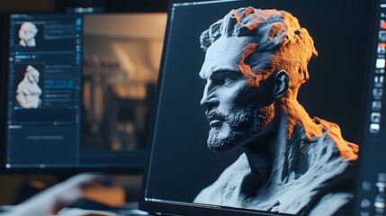 Detailed 3D Model of Male Bust on Computer Screen in Artistic Studio