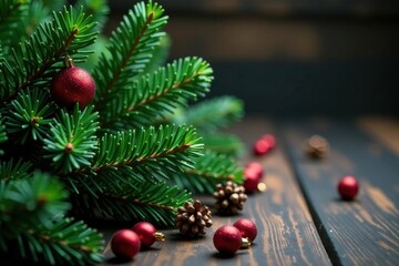Lush Christmas fir boughs, scattered pine cones; natural holiday scene , christmas tree, pine, celebration