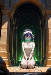 Mystical girl kneeling in an ancient green temple