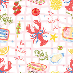La Dolce Vita Seamless Pattern, Summer Sardines Picnic Lobster Food Wrap, Italian Kitchen Gingham Design, Cute Mediterranean Style