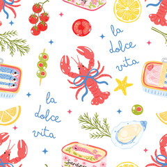 La Dolce Vita Seamless Pattern, Summer Sardines Picnic Lobster Food Wrap, Italian Kitchen Gingham Design, Cute Mediterranean Style